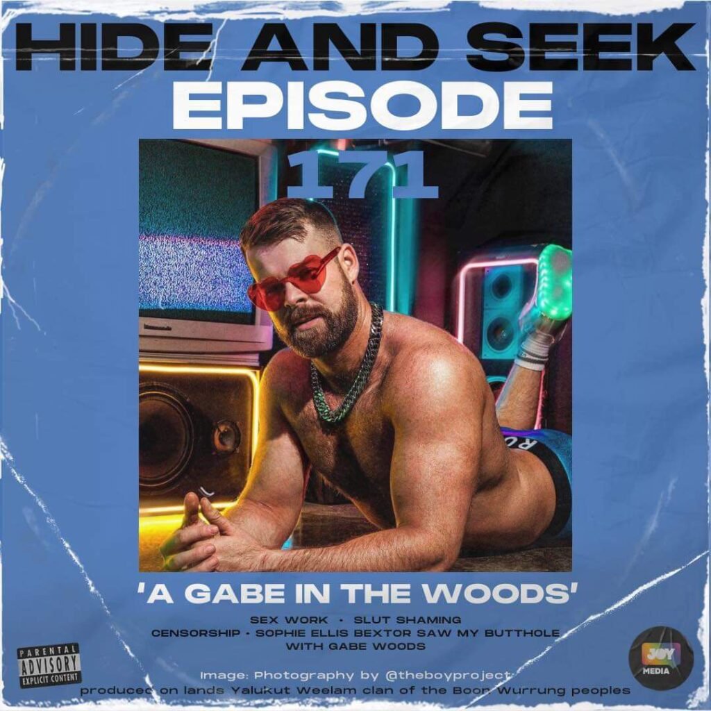 Hide and Seek episode 171 cover artwork: Gabe Woods in red heart sunglasses and a chain necklace lying among CRT televisions and neon lights, photographed by The Boy Project